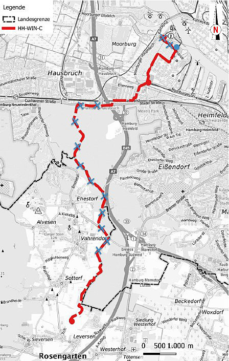 Die Karte zeigt den genehmigten Verlauf der Wasserstoff-Gasversorgungsleitung HH-WIN-C70.