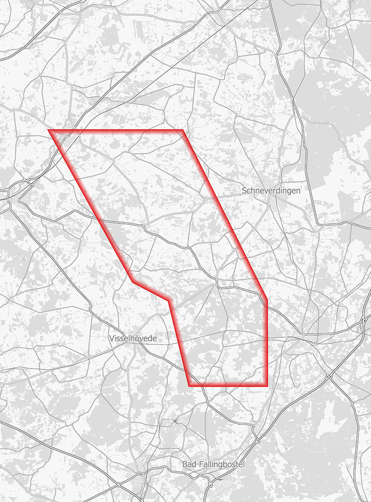 Die Karte zeigt das Erlaubnisfeld Hemslingen II zwischen Soltau und Rotenburg (Wümme).