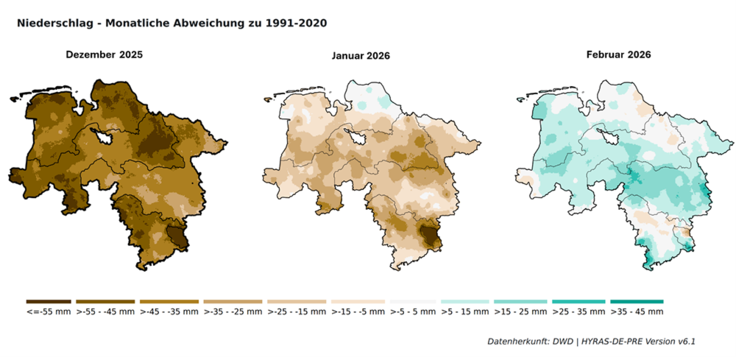 Die Grafik zeigt die Niederschlagsmengen in Niedersachsen in den Monaten Dezember 2025 bis Februar 2026.