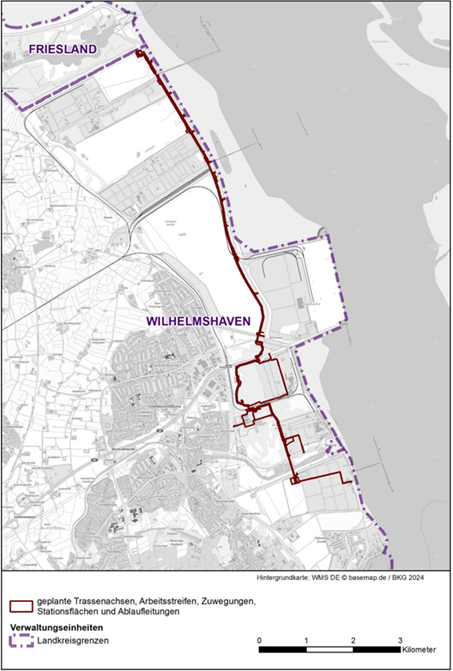 Der Kartenausschnitt zeigt den Verlauf der WKL auf dem Gebiet der Stadt Wilhelmshaven.