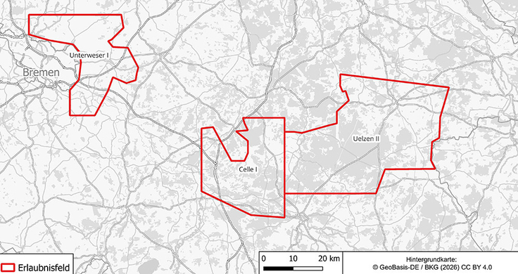 Die Karte zeigt die drei Erlaubnisfelder Celle I, Uelzen II und Unterweser I.