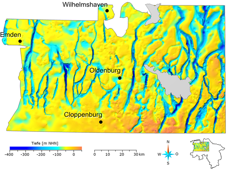 Die Karte zeigt zweidimensional das 3D-Modell, auf dem die tiefen Untergrundrinnen deutlich in Blau zu erkennen sind.