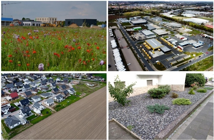 Die Bildkombination zeigt versiegelte und entsiegelte Böden