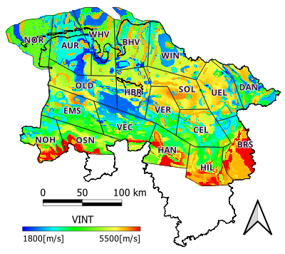 Intervallgeschwindigkeiten in einer Tiefe von -1600 m NHN mit Grenzen der Modellkacheln (Landesgrenze Niedersachsen © GeoBasis-DE/LGLN 2026 / CC BY 4.0)