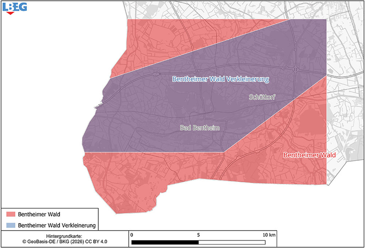 Die Karte zeigt die alte Erlaubnis Bentheimer Wald in Rot und die neue Erlaubnis Bentheimer Wald Verkleinerung in Violett.
