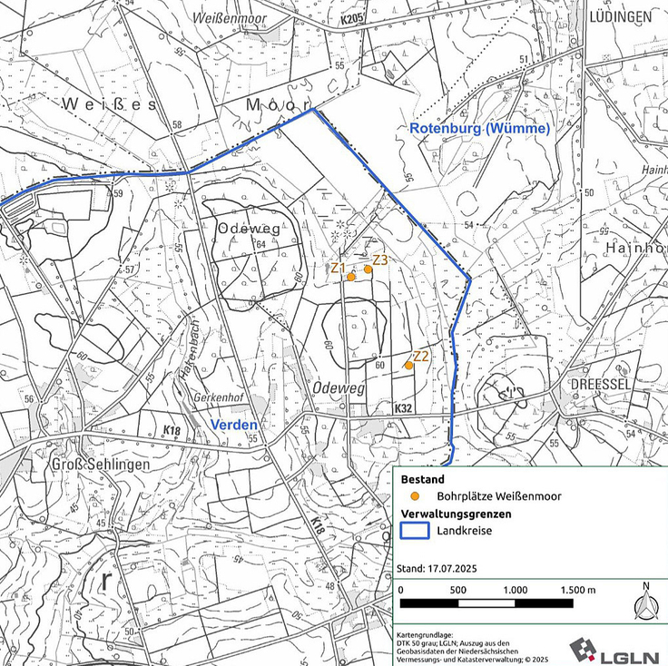Die Karte zeigt die Lage der drei Bohrplätze Weißenmoor Z1, Z2 und Z3.