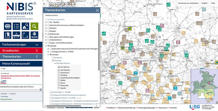 Der Screenshot zeigt einen Ausschnitt vom NIBIS®-Kartenserver, auf dem in unterschiedlichen Farbsymbolen die verschiedenen Geotopklassen dargestellt sind.