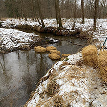 Das Bild zeigt Heuballen, die in einem Bach liegen.