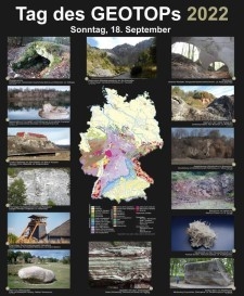 Poster zum Tag des Geotops 2022 mit Übersichtskarte der Geologie Deutschlands und ausgewählten Geotopen